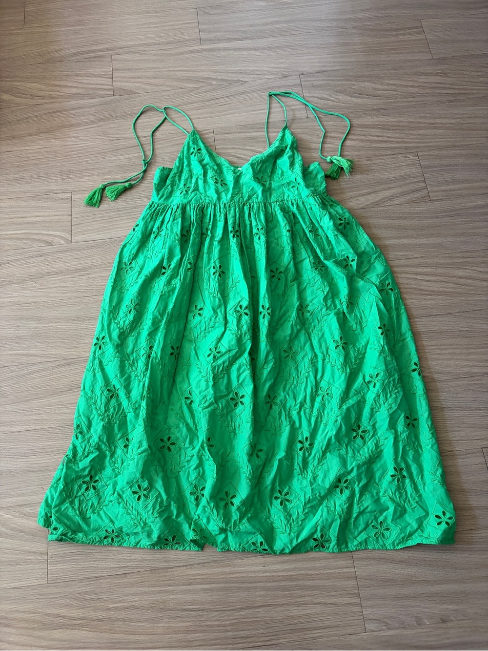 H&M Bright Green Eyelet Midi Sundress with Tie Straps